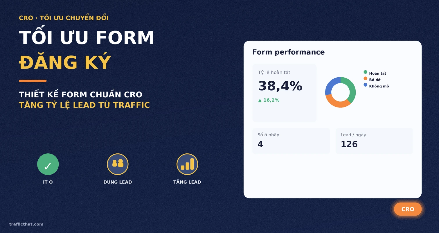 Ảnh minh họa tối ưu form đăng ký chuẩn CRO với bảng chỉ số tỷ lệ hoàn tất form và số lead thu về mỗi ngày