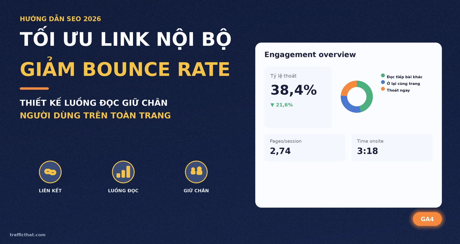 Ảnh bìa bài viết tối ưu link nội bộ giảm bounce rate với bảng chỉ số tỷ lệ thoát, pages per session và time onsite trên GA4