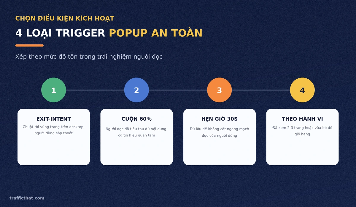 4 loại trigger popup an toàn Bốn loại trigger popup an toàn: exit-intent, cuộn 60%, hẹn giờ và theo hành vi