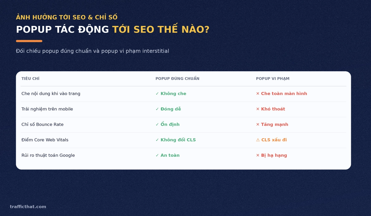 Popup tác động tới SEO thế nào Bảng so sánh tác động tới SEO giữa popup đúng chuẩn và popup vi phạm interstitial