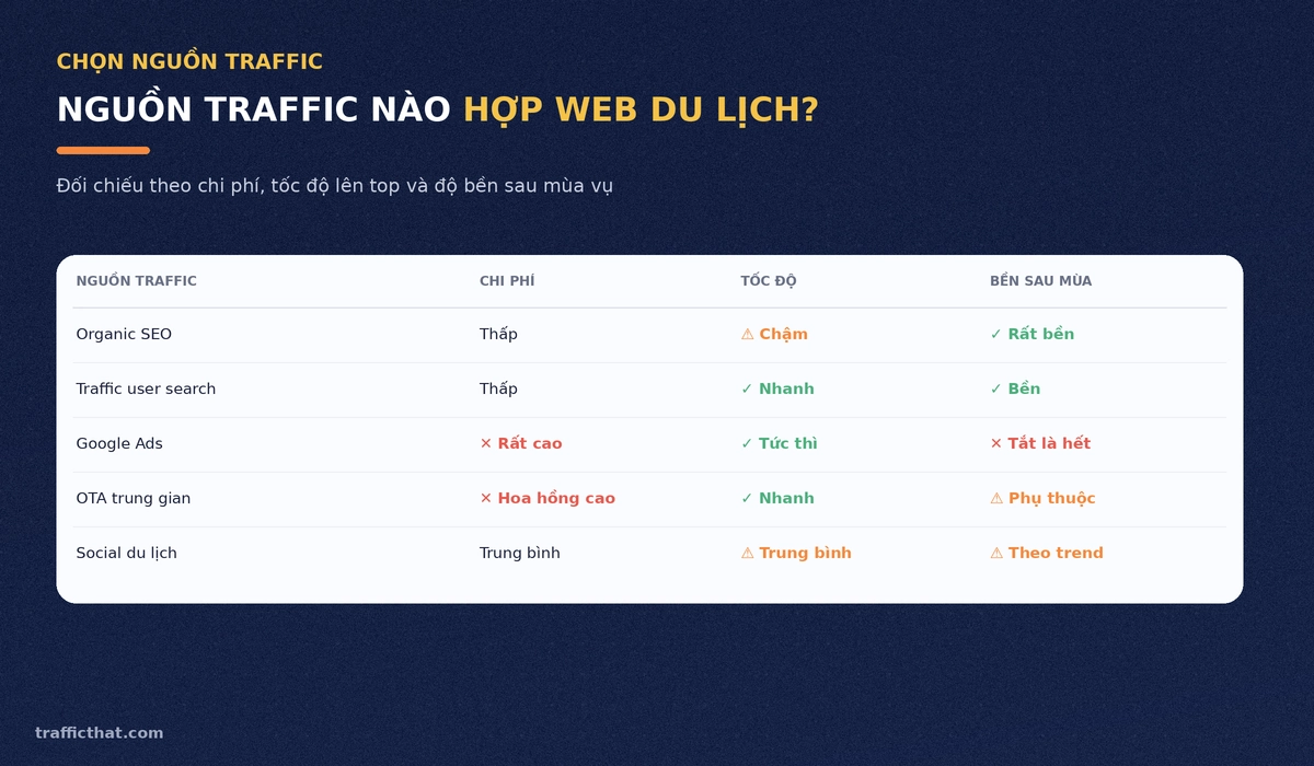 Bảng so sánh các nguồn traffic cho website du lịch theo chi phí, tốc độ và độ bền