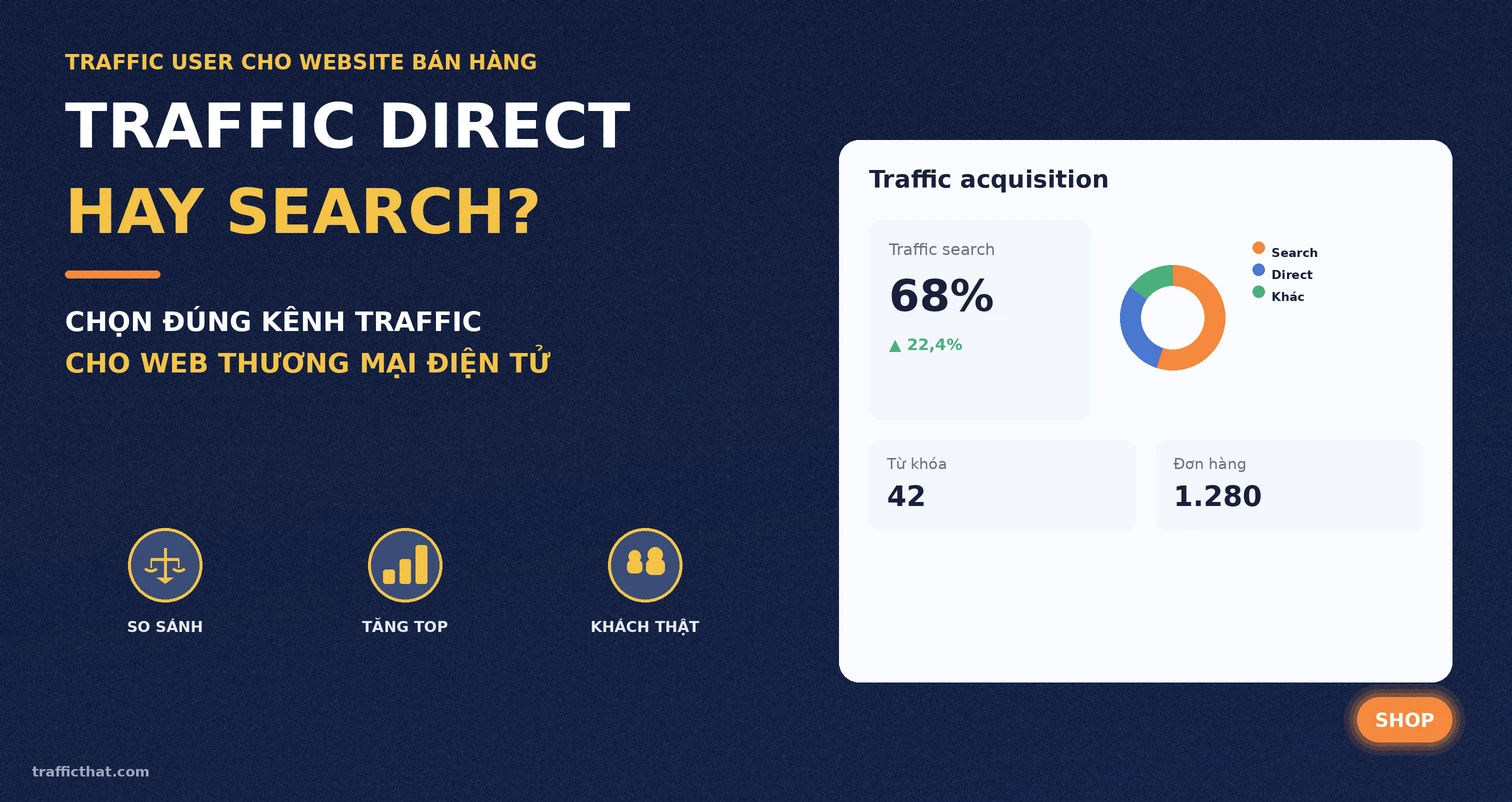 Biểu đồ so sánh traffic direct và traffic search cho website bán hàng trên dashboard GA4