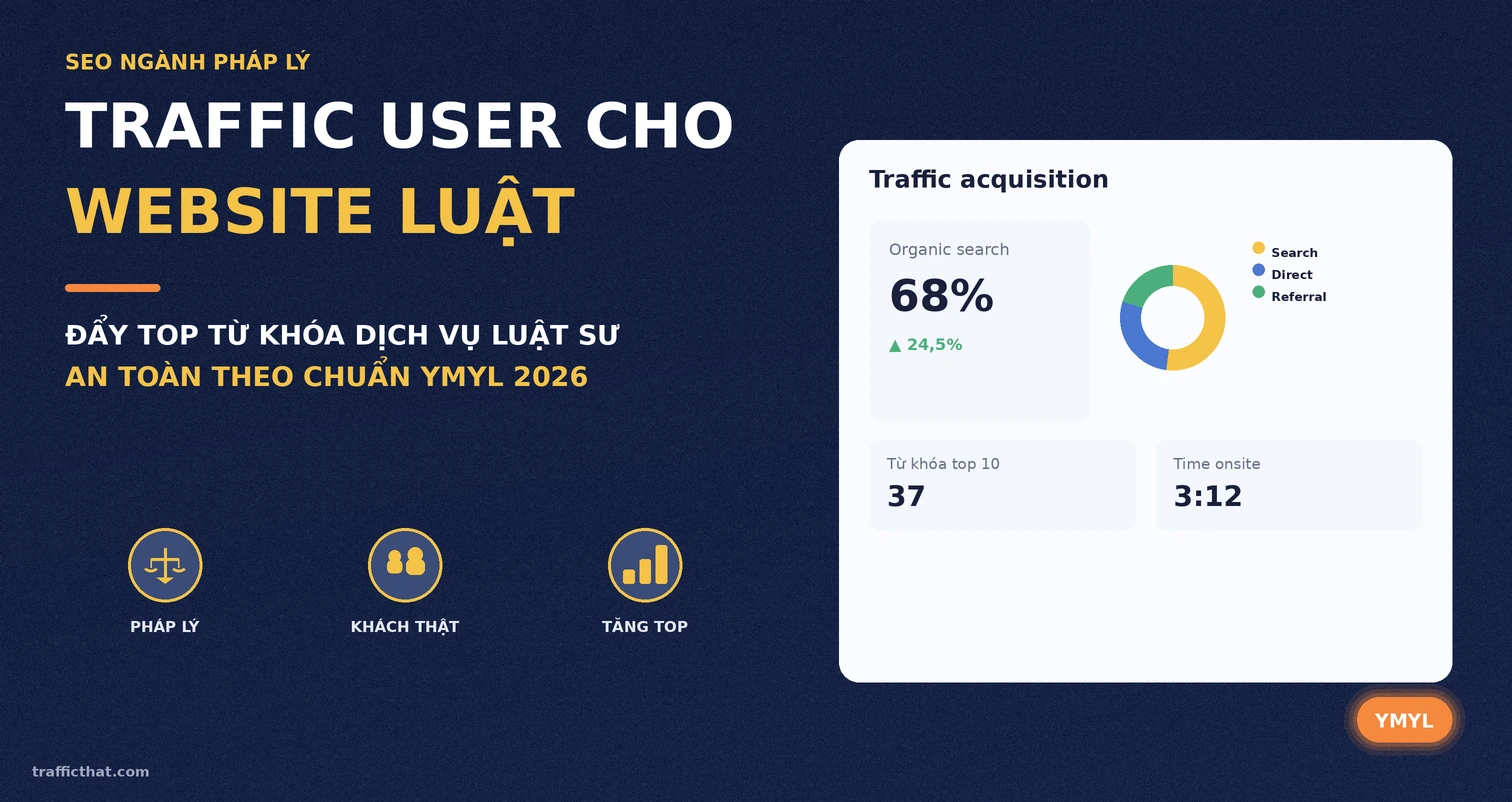 Traffic user cho website dịch vụ luật với dashboard GA4 minh họa tăng trưởng organic search