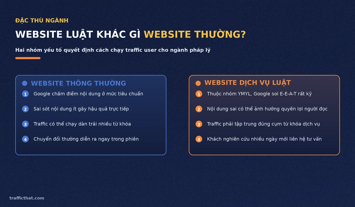 So sánh website thông thường và website dịch vụ luật về tiêu chuẩn YMYL, E-E-A-T và cách chạy traffic
