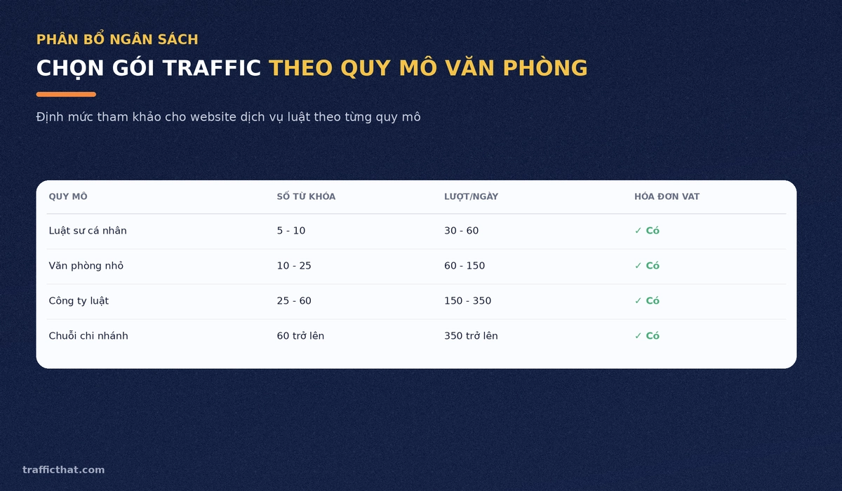 Bảng phân bổ ngân sách traffic user theo quy mô văn phòng luật kèm số từ khóa và lượt truy cập mỗi ngày