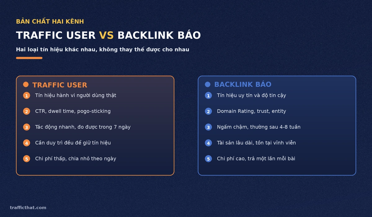Bản chất Traffic User và Backlink báo: tín hiệu hành vi và tín hiệu uy tín
