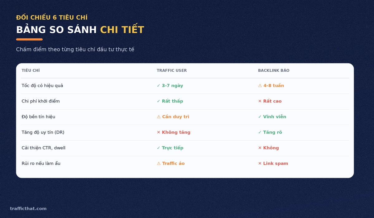 Bảng so sánh Traffic User và Backlink báo theo 6 tiêu chí đầu tư