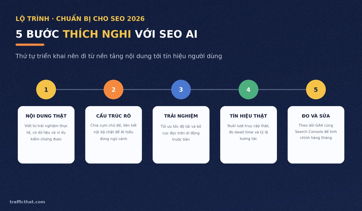 Sơ đồ 5 bước thích nghi SEO 2026: nội dung thật, cấu trúc rõ, trải nghiệm, tín hiệu thật, đo và sửa
