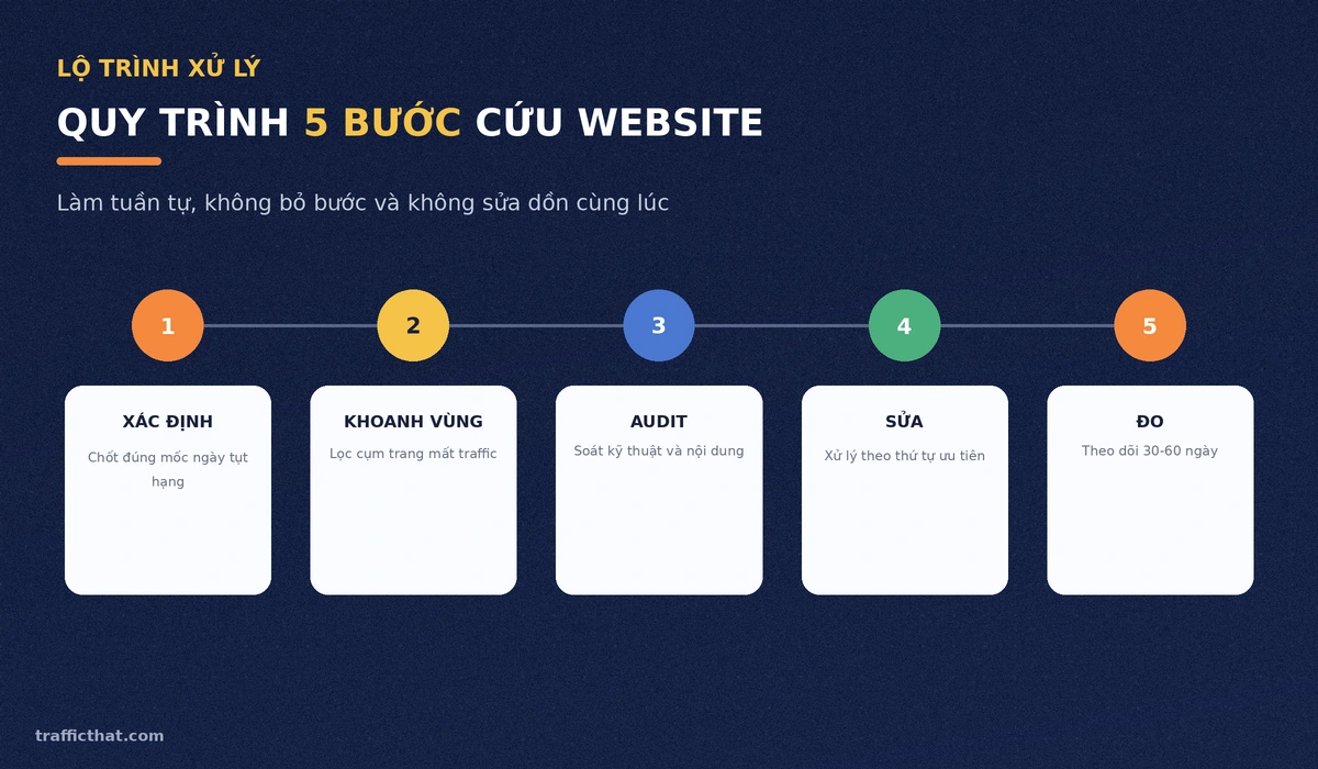 Quy trình 5 bước cứu website bị rớt thứ hạng Quy trình 5 bước cứu website bị rớt thứ hạng: xác định, khoanh vùng, audit, sửa, đo lường