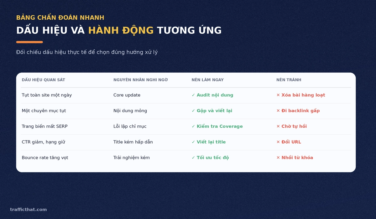 Bảng chẩn đoán dấu hiệu website tụt hạng Bảng chẩn đoán nhanh dấu hiệu tụt hạng và hành động nên làm ngay, nên tránh