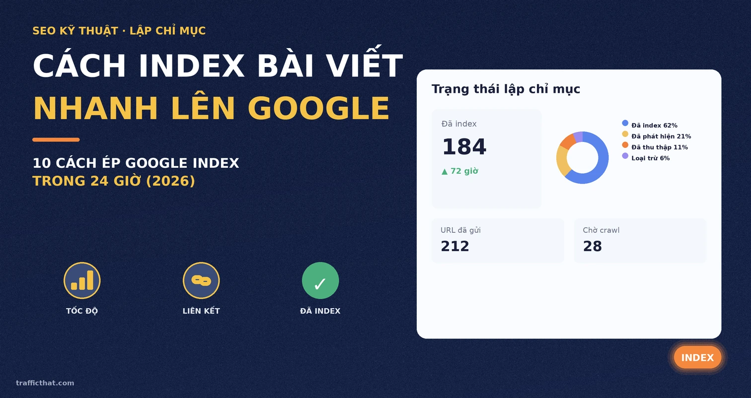 Cách index bài viết nhanh lên Google 2026 Cách index bài viết nhanh lên Google: bảng điều khiển trạng thái lập chỉ mục với tỷ lệ đã index, đã phát hiện và đã thu thập