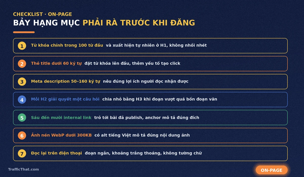 Checklist bảy hạng mục on-page cần rà soát trước khi đăng bài viết chuẩn SEO
