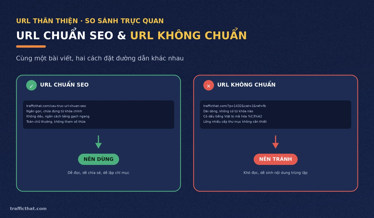 So sánh trực quan giữa URL chuẩn SEO ngắn gọn có từ khóa và URL không chuẩn chứa tham số động