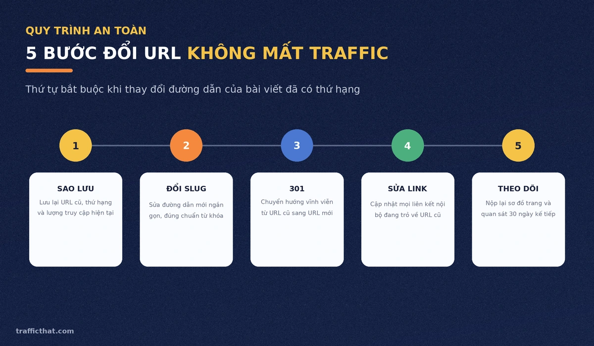 Quy trình 5 bước đổi URL an toàn: sao lưu, đổi slug, chuyển hướng 301, sửa link nội bộ, theo dõi