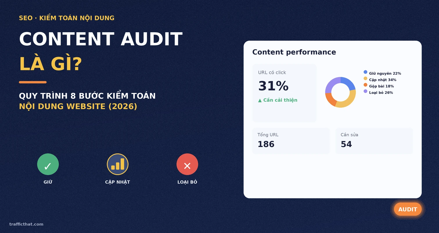 Content audit là gì – quy trình 8 bước kiểm toán nội dung website Minh họa tổng quan content audit là gì và tỷ lệ URL cần giữ, cập nhật, gộp, loại bỏ sau khi kiểm toán nội dung website