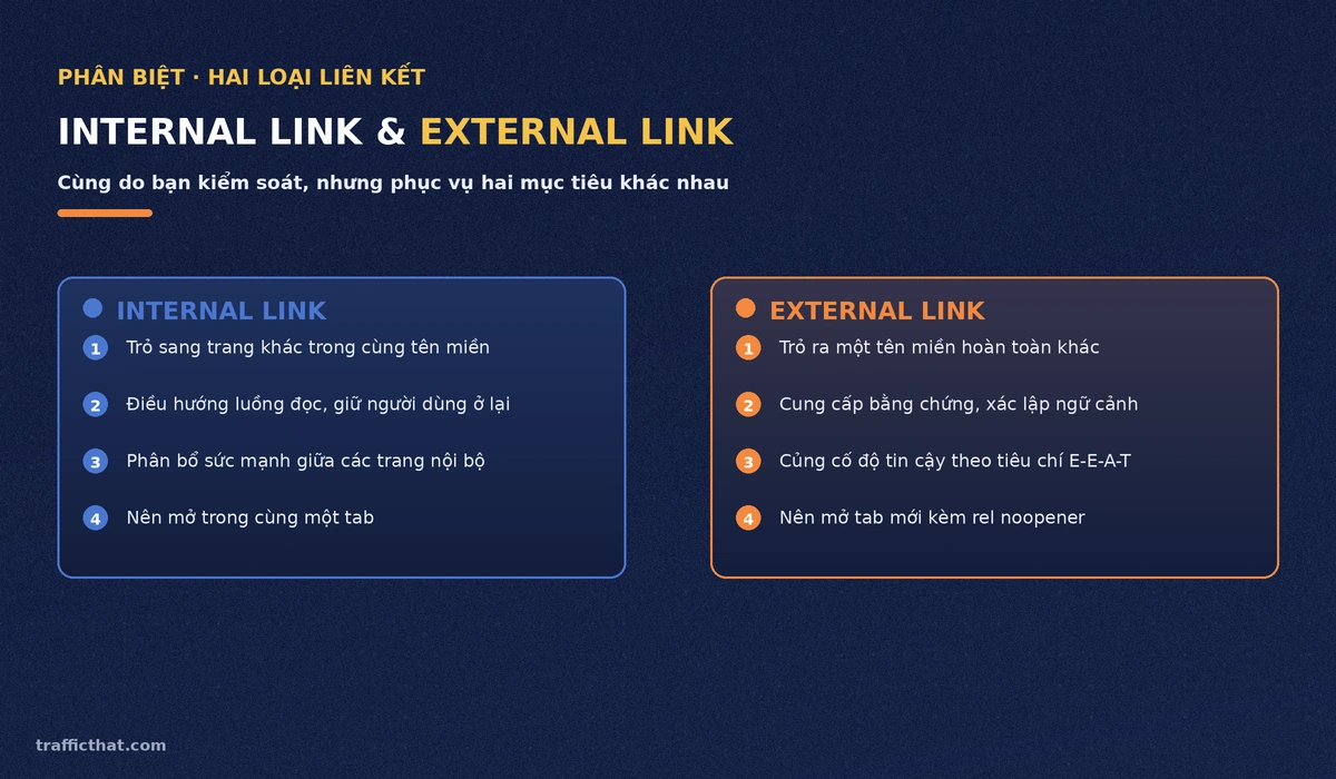 Phân biệt internal link và external link So sánh internal link và external link: phạm vi trỏ, vai trò điều hướng và cách mở tab