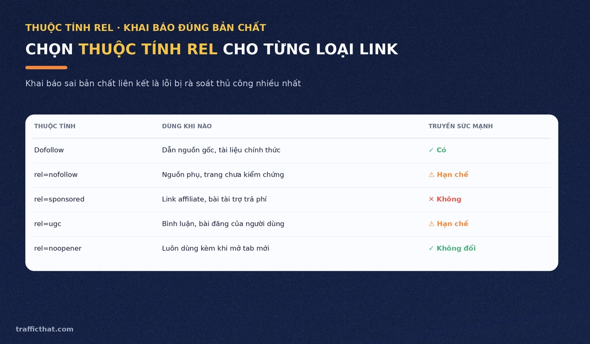 Bảng chọn thuộc tính rel cho từng loại external link Bảng thuộc tính rel dofollow, nofollow, sponsored, ugc, noopener và khả năng truyền sức mạnh