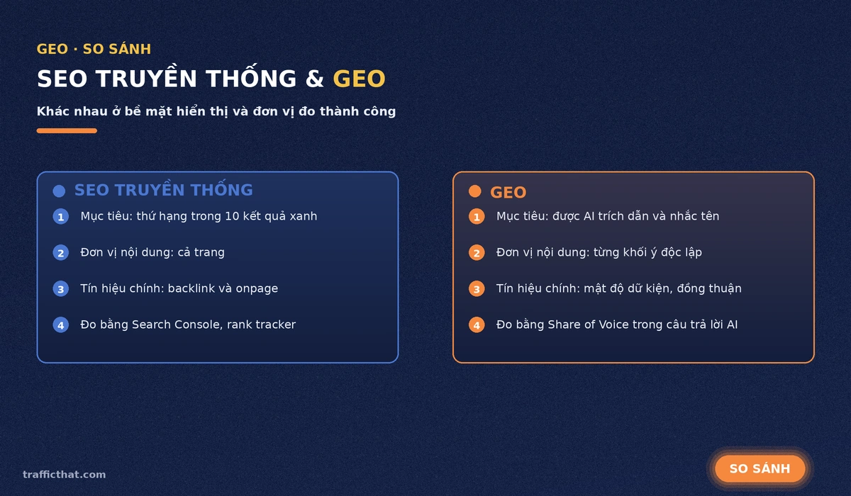So sánh SEO truyền thống và GEO So sánh SEO truyền thống và GEO: mục tiêu, đơn vị nội dung, tín hiệu và cách đo lường