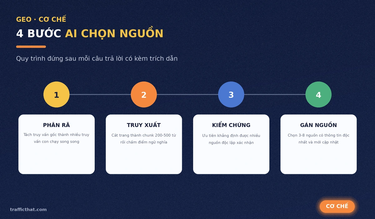 4 bước AI chọn nguồn trích dẫn Bốn bước công cụ AI chọn nguồn trích dẫn: phân rã, truy xuất, kiểm chứng, gán nguồn