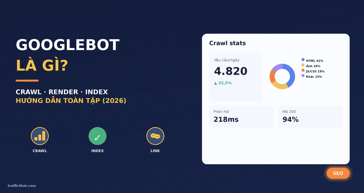 Googlebot là gì — sơ đồ tổng quan crawl, render và index Ảnh bìa bài viết Googlebot là gì với bảng thống kê thu thập dữ liệu và ba trụ cột crawl, index, link
