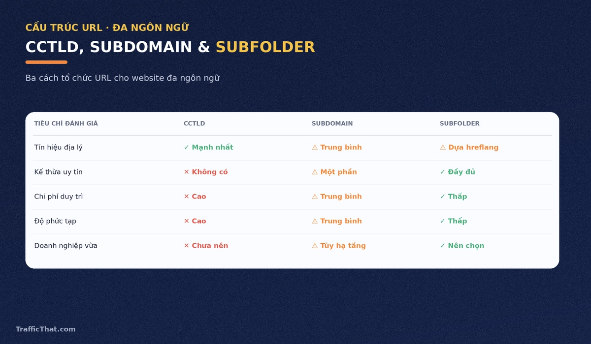 Bảng so sánh ccTLD, subdomain và subfolder cho website đa ngôn ngữ