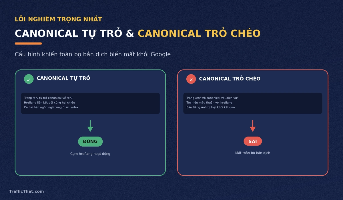 So sánh canonical tự trỏ đúng và canonical trỏ chéo ngôn ngữ sai