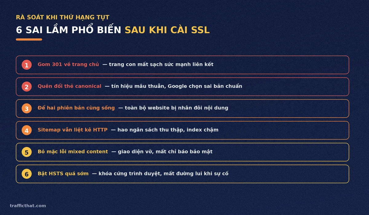 6 sai lầm phổ biến sau khi cài SSL khiến website tụt hạng Danh sách 6 sai lầm thường gặp sau khi cài SSL: gom 301 về trang chủ, quên canonical, để hai phiên bản cùng sống, sitemap cũ, mixed content và bật HSTS quá sớm
