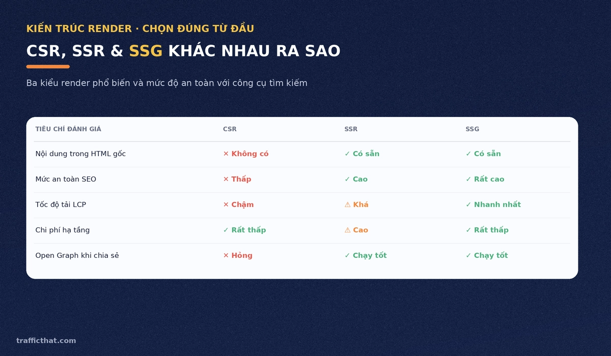 Bảng so sánh CSR, SSR và SSG về mức độ an toàn SEO
