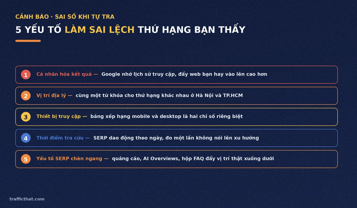 5 yếu tố làm sai lệch thứ hạng từ khóa khi tự tra Google Danh sách 5 yếu tố làm sai lệch thứ hạng từ khóa khi tự tra Google: cá nhân hóa, vị trí địa lý, thiết bị, thời điểm và yếu tố SERP