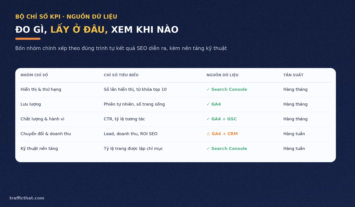Bảng 4 nhóm KPI SEO kèm nguồn dữ liệu và tần suất theo dõi