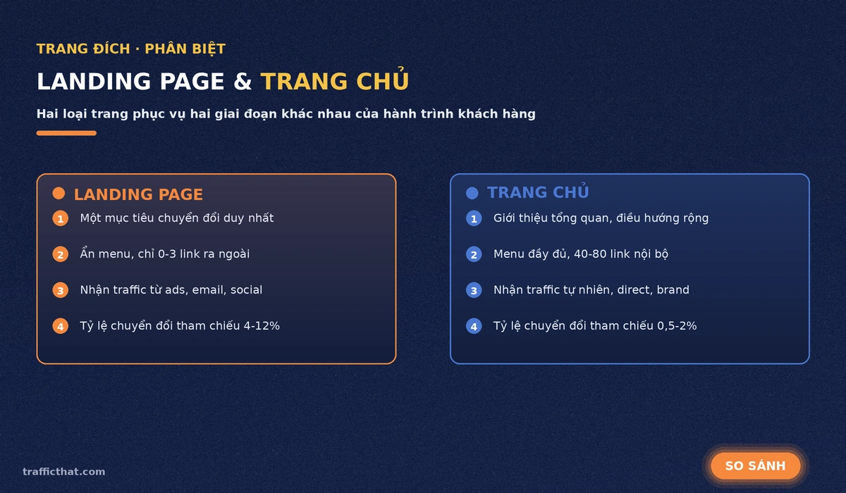 So sánh landing page và trang chủ: mục tiêu, số link, nguồn traffic và tỷ lệ chuyển đổi