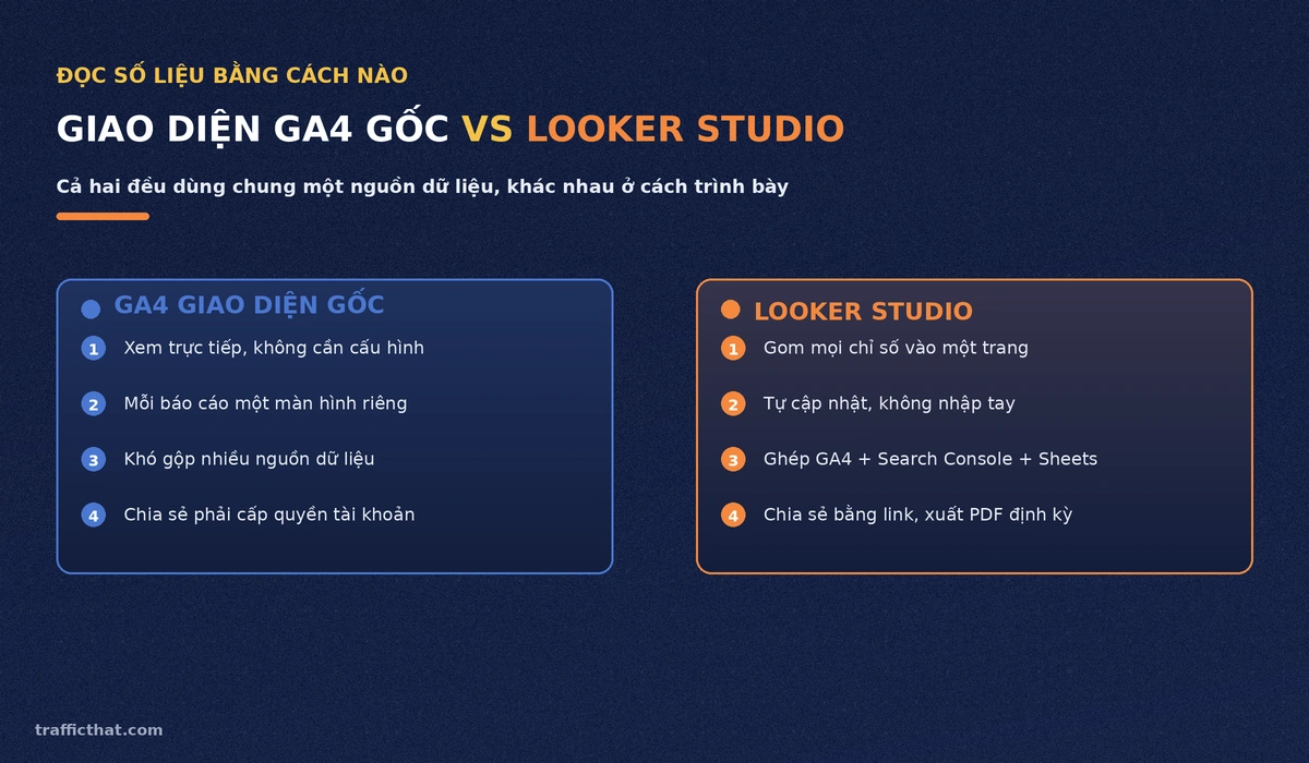 So sánh giao diện GA4 gốc và Looker Studio về cách trình bày số liệu traffic
