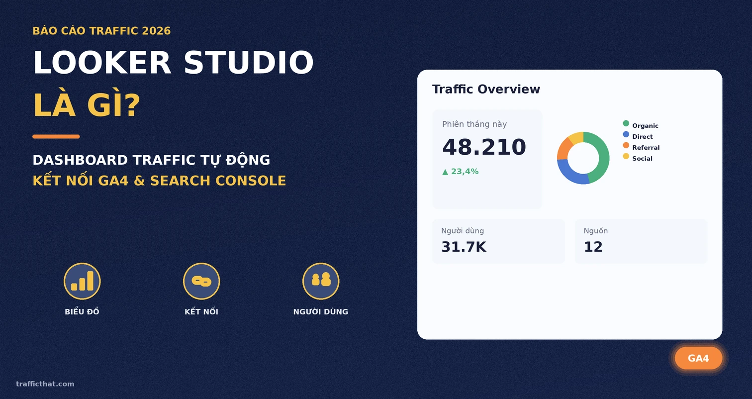 Ảnh bìa bài viết Looker Studio là gì với dashboard tổng quan traffic kết nối GA4