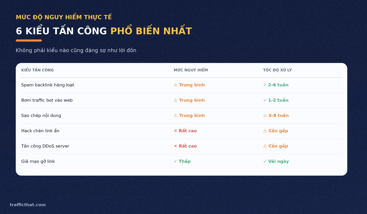 6 kiểu tấn công Negative SEO phổ biến Bảng so sánh mức độ nguy hiểm và tốc độ xử lý của 6 kiểu tấn công Negative SEO phổ biến nhất