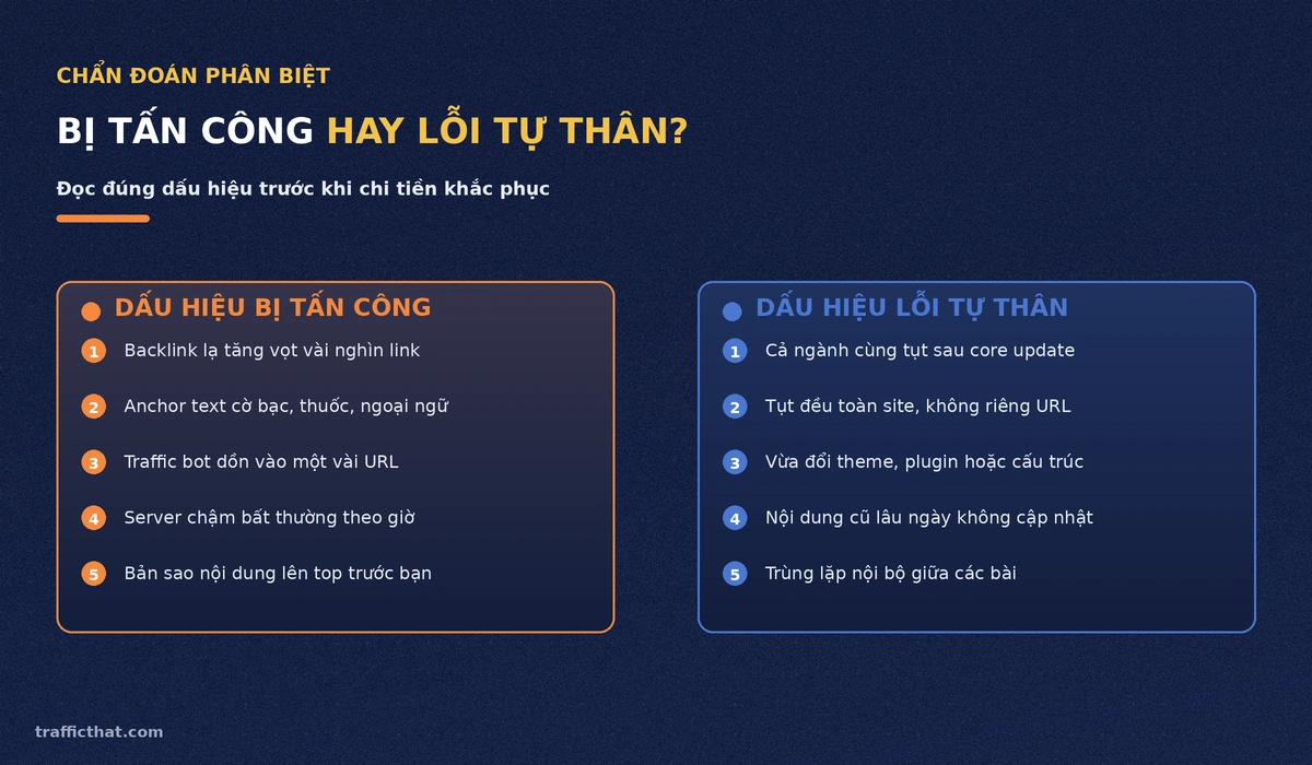 Bị tấn công hay lỗi tự thân So sánh dấu hiệu website bị tấn công Negative SEO và dấu hiệu tụt hạng do lỗi tự thân