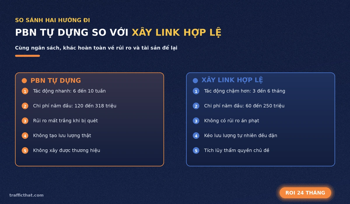 So sánh PBN tự dựng và xây link hợp lệ về chi phí, rủi ro và tài sản để lại