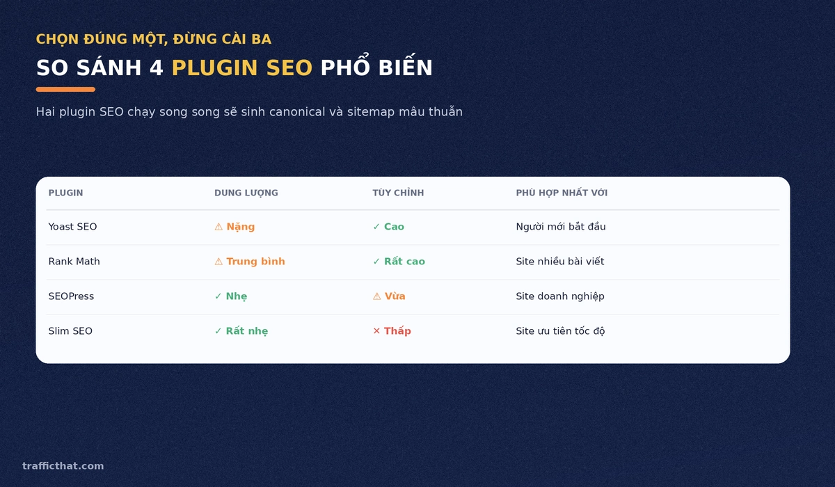 So sánh 4 plugin SEO WordPress Bảng so sánh 4 plugin SEO WordPress phổ biến Yoast, Rank Math, SEOPress và Slim SEO theo dung lượng, khả năng tùy chỉnh và đối tượng phù hợp