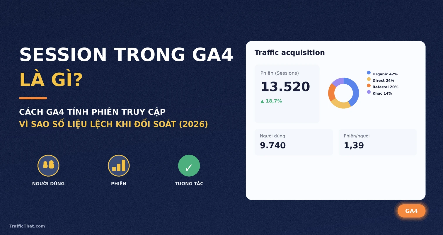 Session trong GA4 là gì – cách GA4 tính phiên truy cập Ảnh minh họa tổng quan Session trong GA4 là gì, bảng điều khiển Traffic acquisition hiển thị số phiên, người dùng và tỷ lệ phiên trên mỗi người dùng