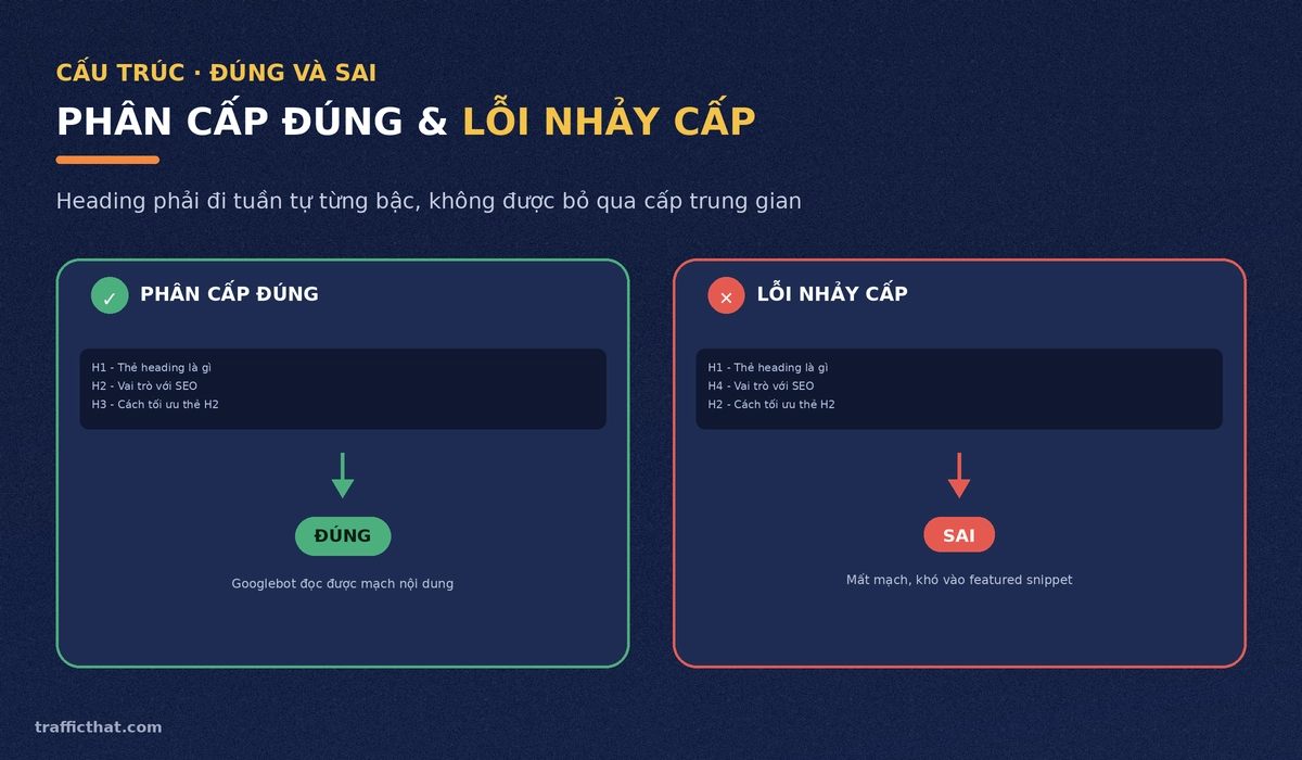 So sánh cấu trúc heading phân cấp đúng tuần tự với lỗi nhảy cấp từ H1 xuống H4