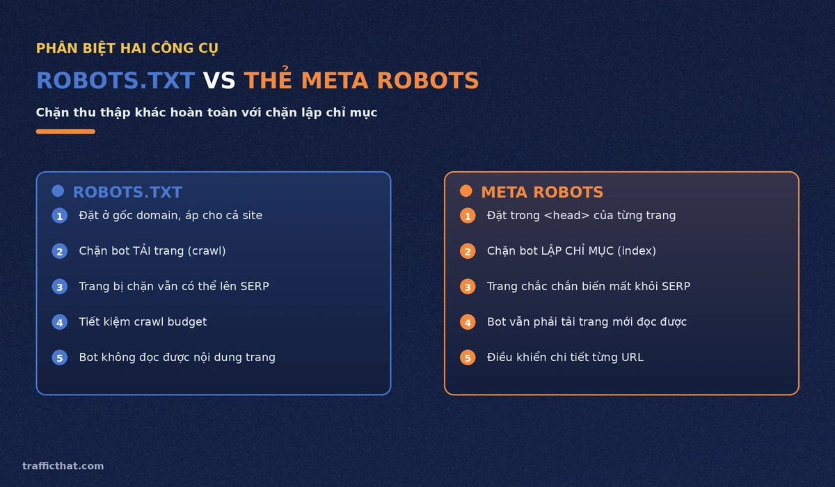 So sánh robots.txt và thẻ meta robots So sánh robots.txt và thẻ meta robots: chặn thu thập dữ liệu khác với chặn lập chỉ mục