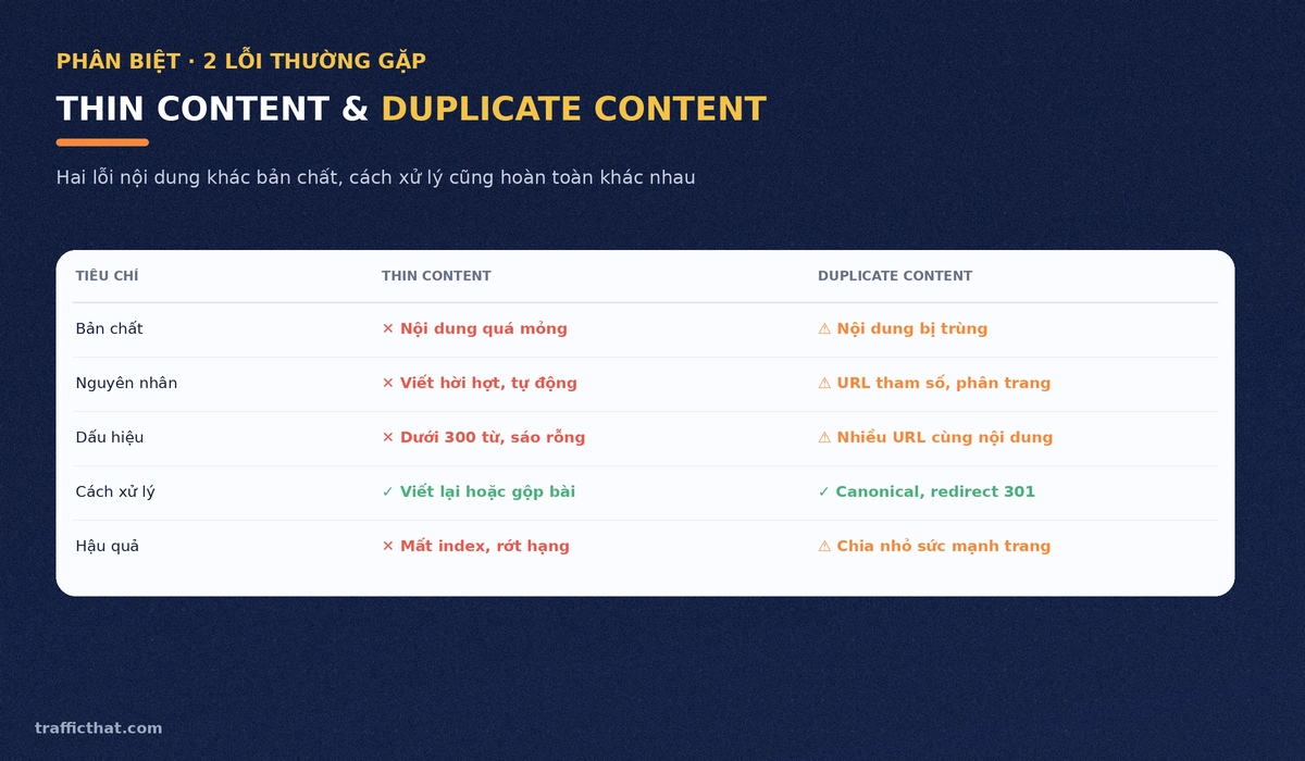 Phân biệt thin content và duplicate content Bảng so sánh thin content và duplicate content về bản chất, nguyên nhân và cách xử lý
