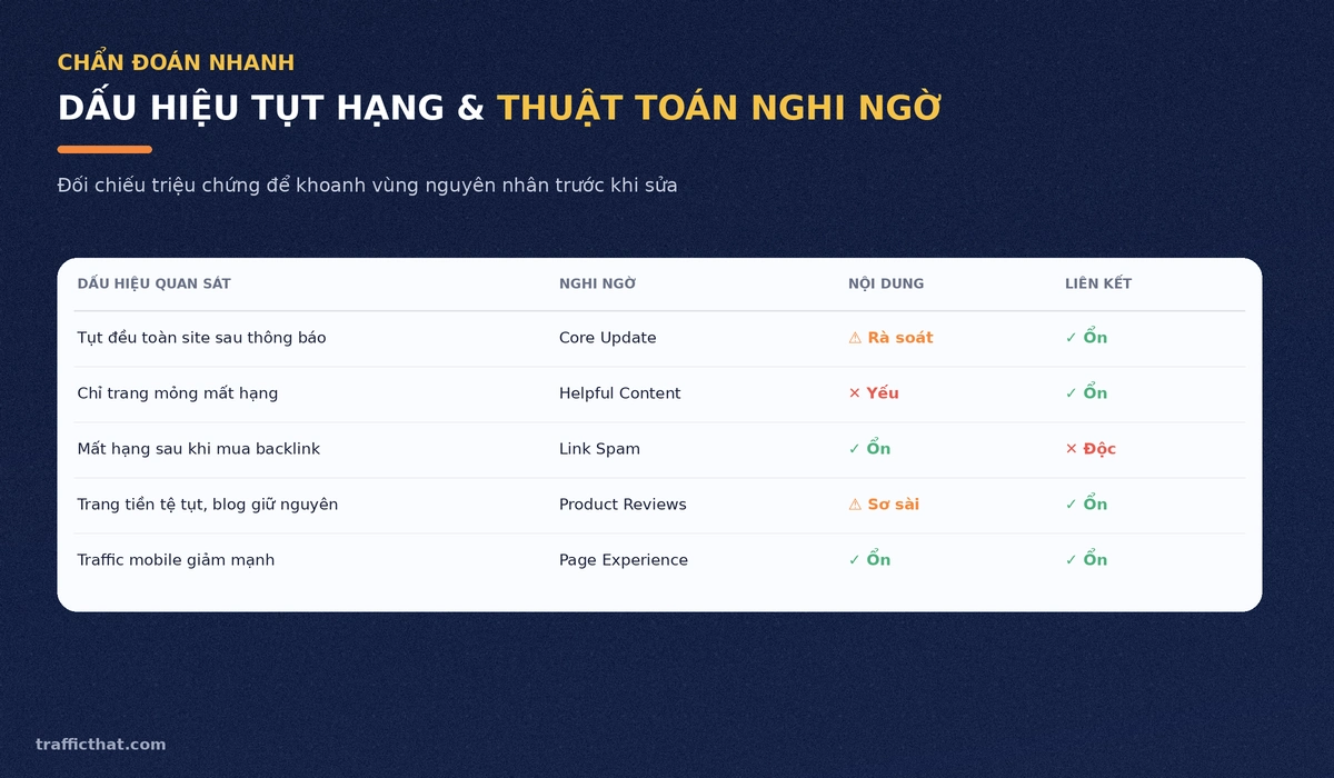 Bảng chẩn đoán dấu hiệu tụt hạng và thuật toán Google nghi ngờ